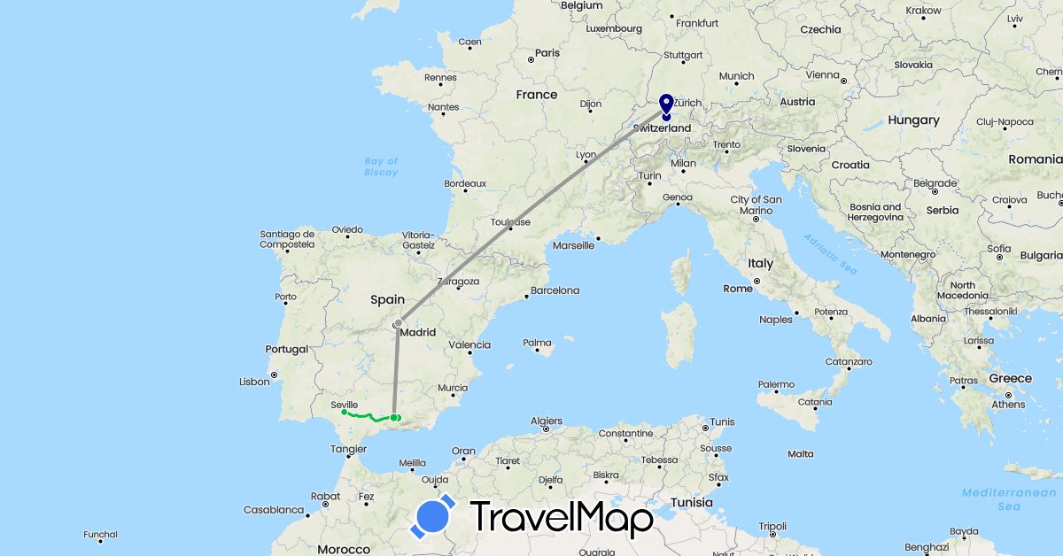 TravelMap itinerary: driving, bus, plane in Switzerland, Spain (Europe)