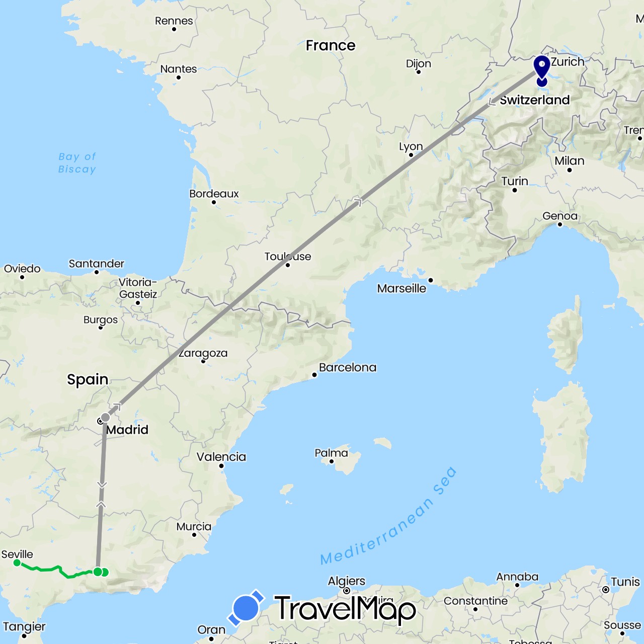 TravelMap itinerary: driving, bus, plane in Switzerland, Spain (Europe)