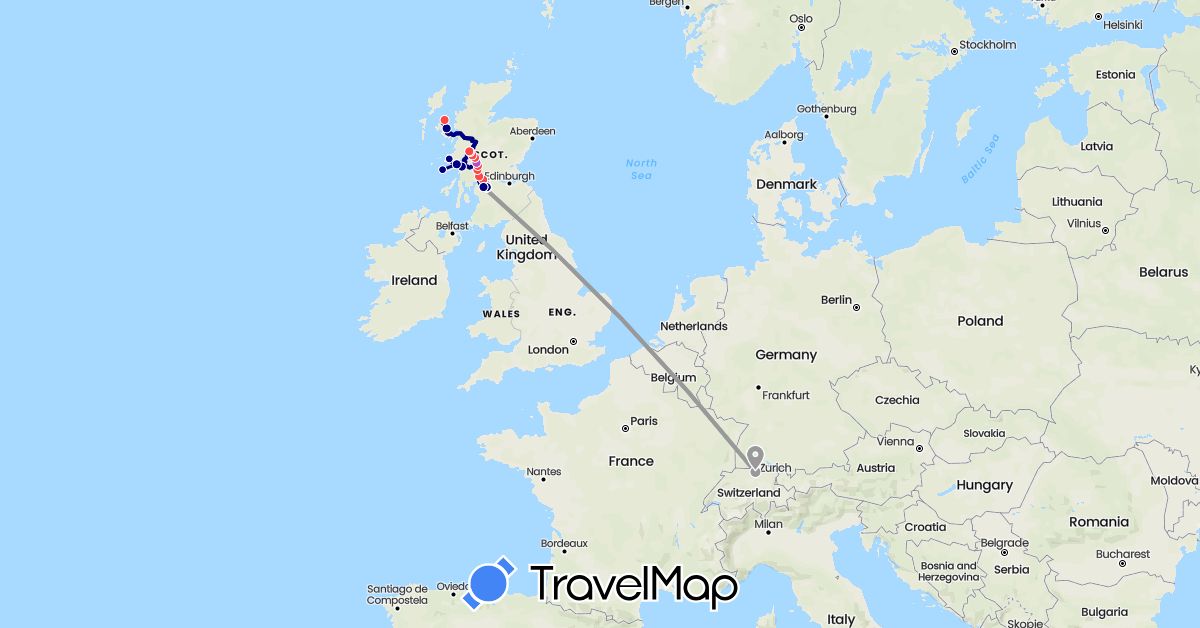 TravelMap itinerary: driving, bus, plane, train, hiking, walking in Switzerland, United Kingdom (Europe)