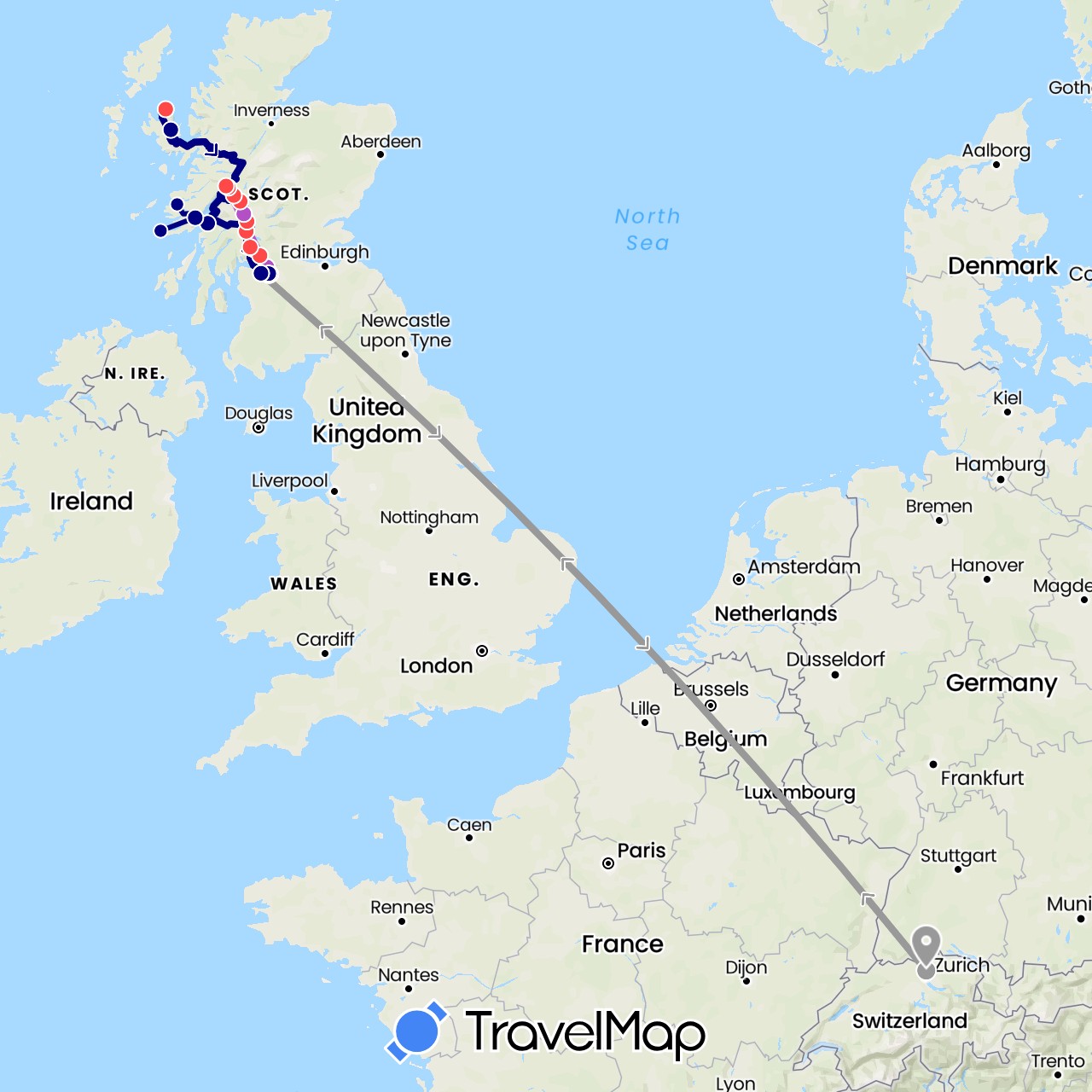 TravelMap itinerary: driving, bus, plane, train, hiking, walking in Switzerland, United Kingdom (Europe)
