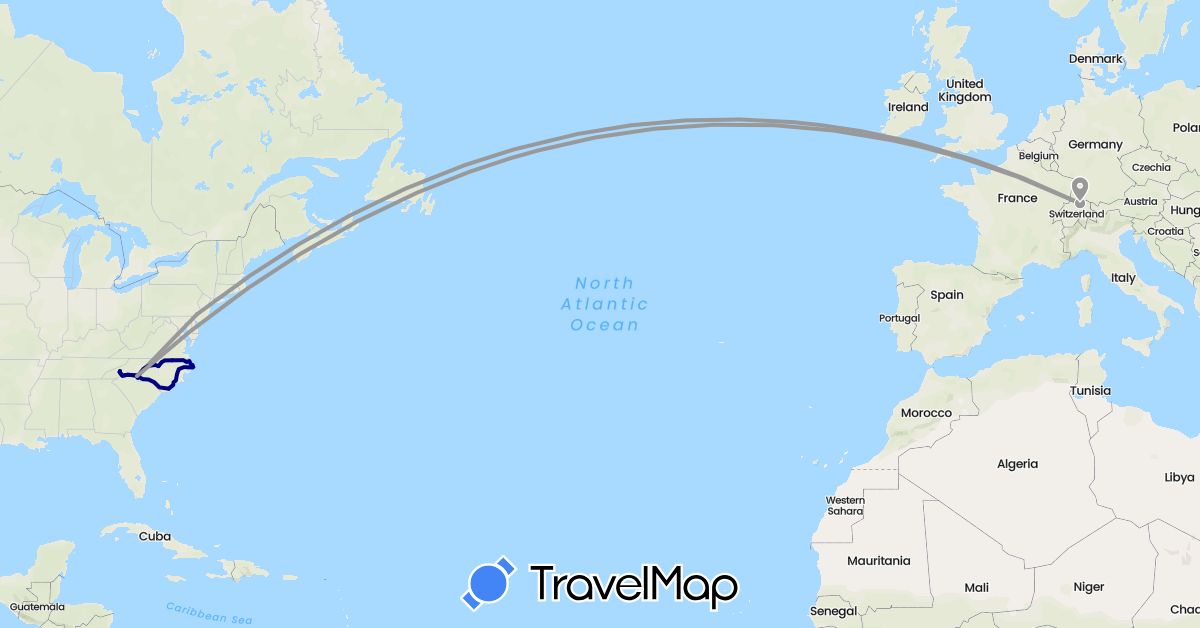 TravelMap itinerary: driving, plane in Switzerland, United States (Europe, North America)