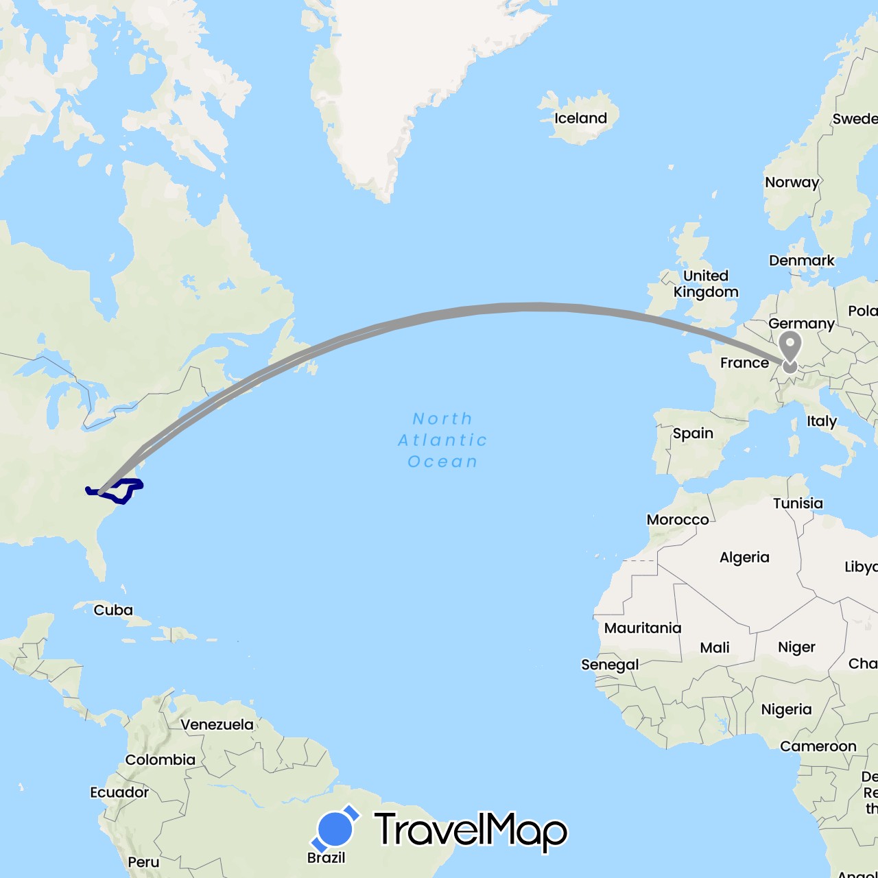 TravelMap itinerary: driving, plane in Switzerland, United States (Europe, North America)