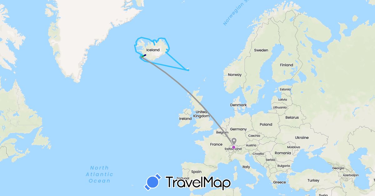 TravelMap itinerary: driving, bus, plane, train, hiking, boat, walking in Switzerland, Faroe Islands, Iceland (Europe)