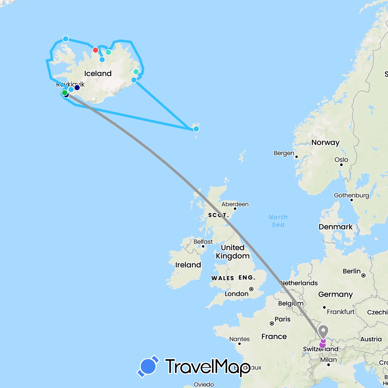 TravelMap itinerary: driving, bus, plane, train, hiking, boat, walking in Switzerland, Faroe Islands, Iceland (Europe)