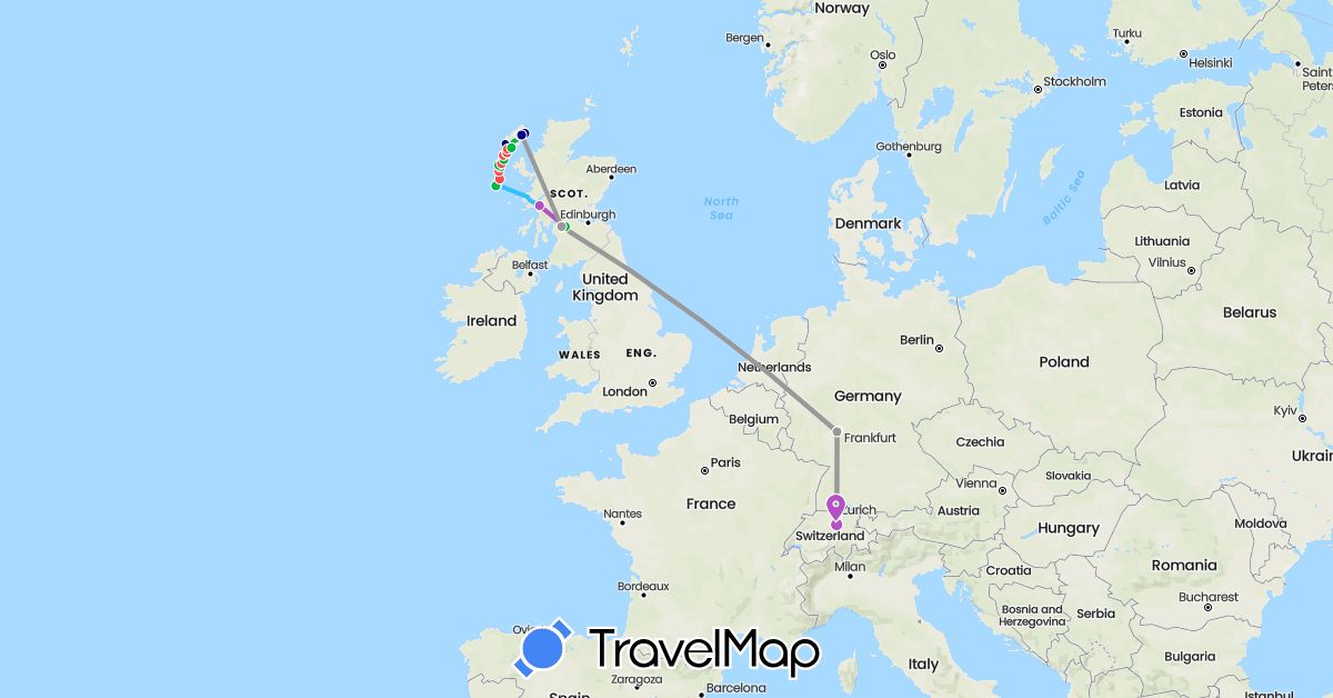TravelMap itinerary: driving, bus, plane, train, hiking, boat in Switzerland, Germany, United Kingdom (Europe)