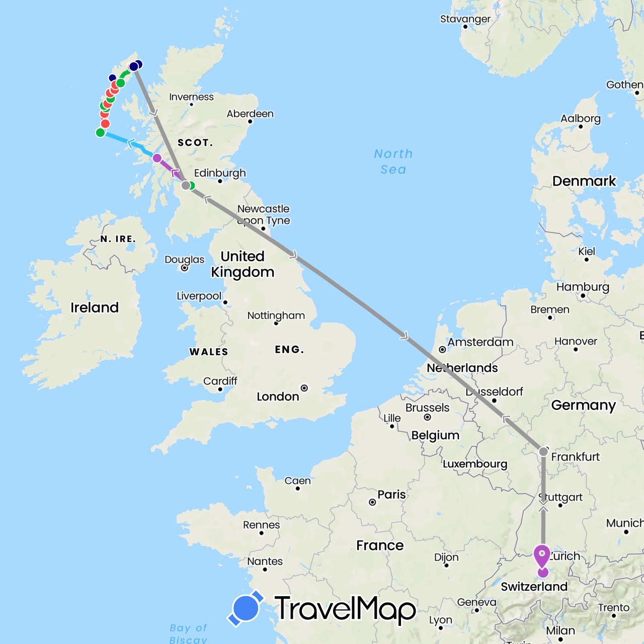 TravelMap itinerary: driving, bus, plane, train, hiking, boat in Switzerland, Germany, United Kingdom (Europe)