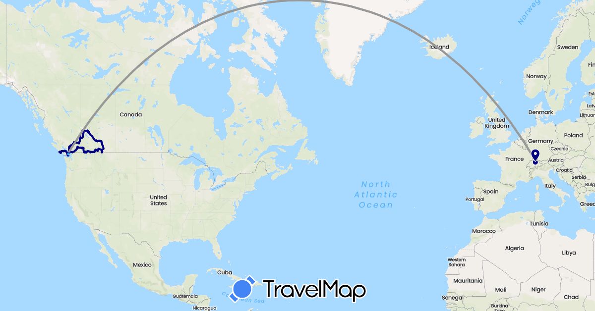 TravelMap itinerary: driving, plane, hiking, boat, seilbahn / standseilbahn, walking in Canada, Switzerland (Europe, North America)