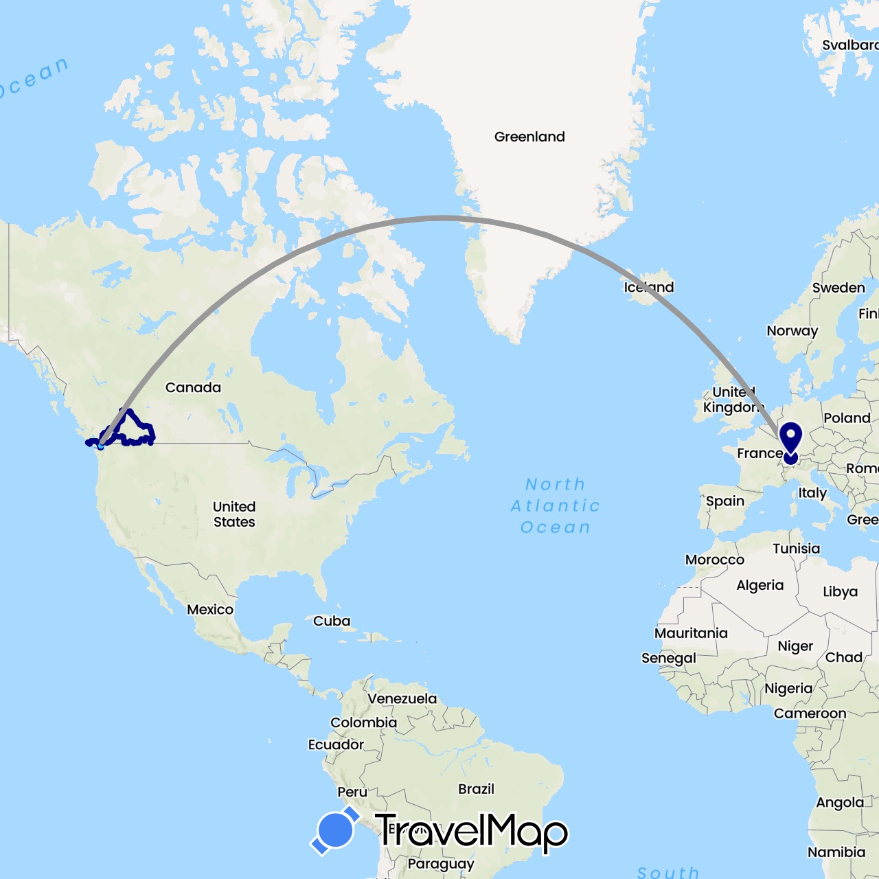 TravelMap itinerary: driving, plane, hiking, boat, seilbahn / standseilbahn, walking in Canada, Switzerland (Europe, North America)
