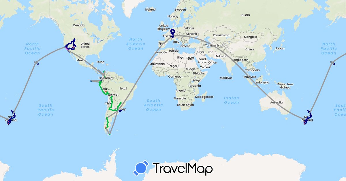 TravelMap itinerary: driving, bus, plane, cycling, train, hiking, boat, seilbahn / standseilbahn in Argentina, Bolivia, Switzerland, Colombia, Ecuador, Spain, New Zealand, Peru, Singapore, United States, Uruguay (Asia, Europe, North America, Oceania, South America)