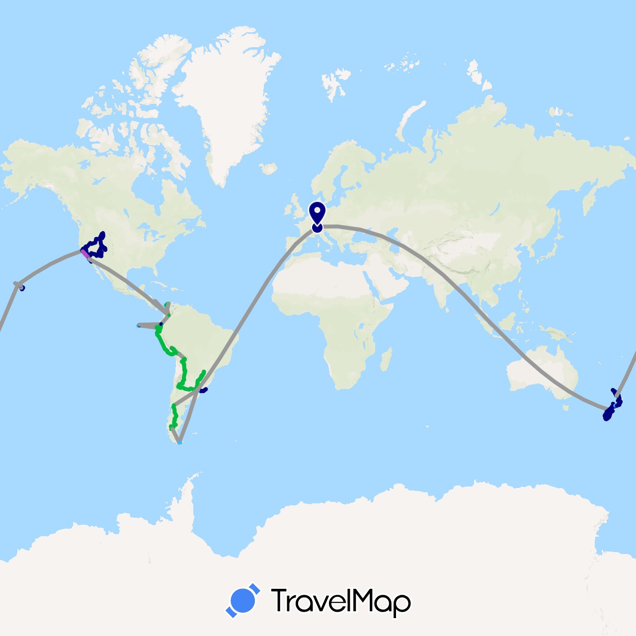 TravelMap itinerary: driving, bus, plane, cycling, train, hiking, boat, seilbahn / standseilbahn in Argentina, Bolivia, Switzerland, Colombia, Ecuador, Spain, New Zealand, Peru, Singapore, United States, Uruguay (Asia, Europe, North America, Oceania, South America)