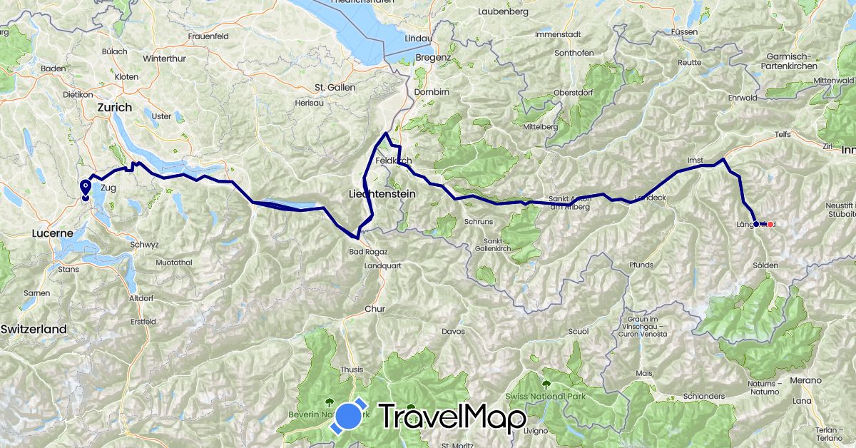 TravelMap itinerary: driving, hiking in Austria, Switzerland (Europe)