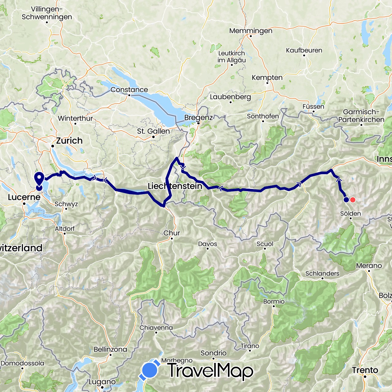 TravelMap itinerary: driving, hiking in Austria, Switzerland (Europe)