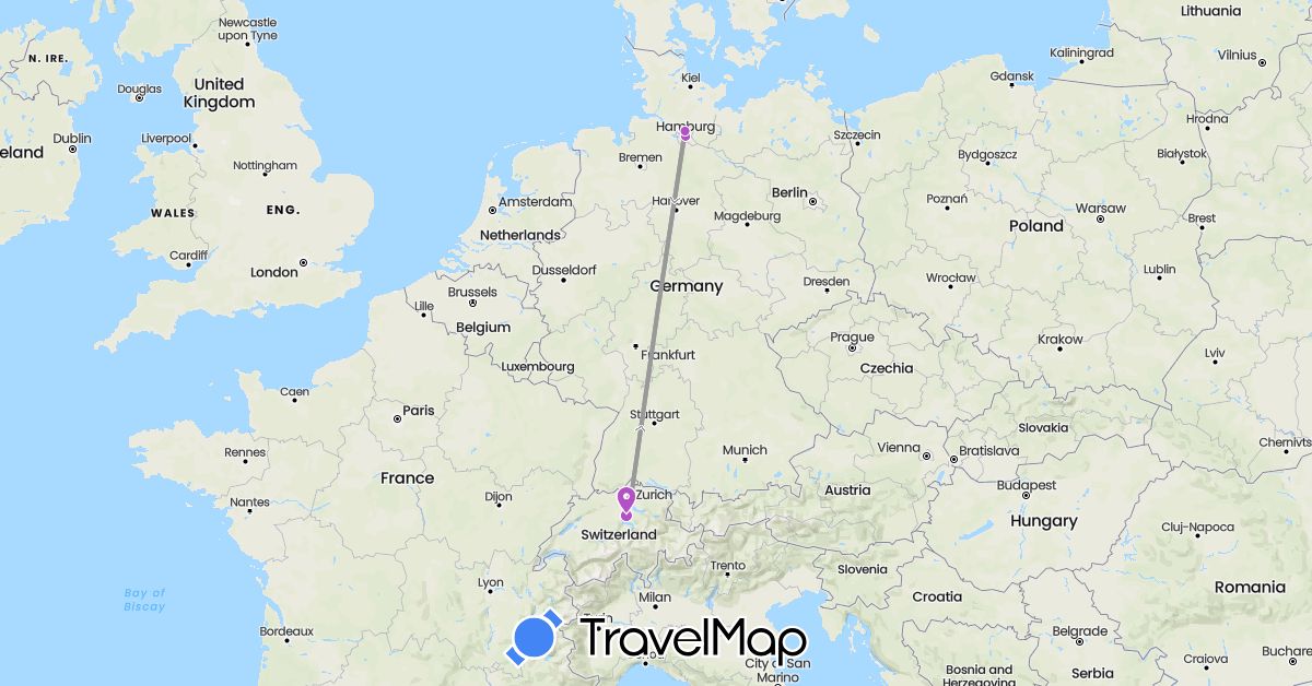 TravelMap itinerary: driving, plane, train in Switzerland, Germany (Europe)