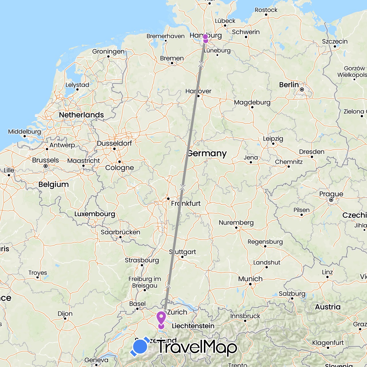 TravelMap itinerary: driving, plane, train in Switzerland, Germany (Europe)