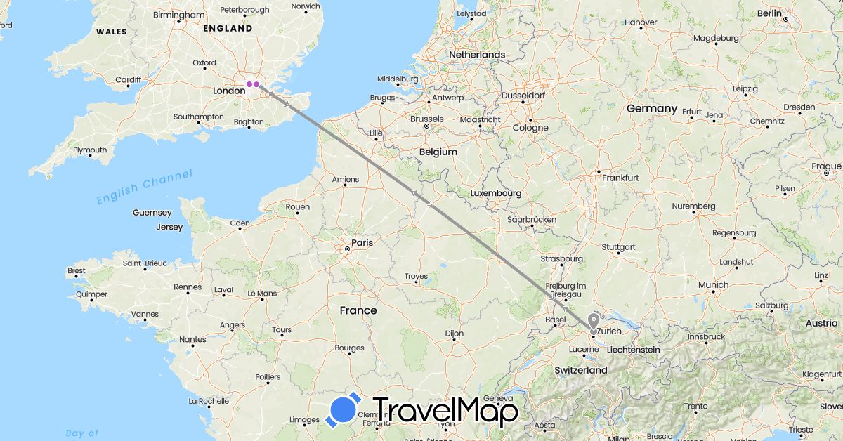 TravelMap itinerary: driving, plane, train in Switzerland, United Kingdom (Europe)