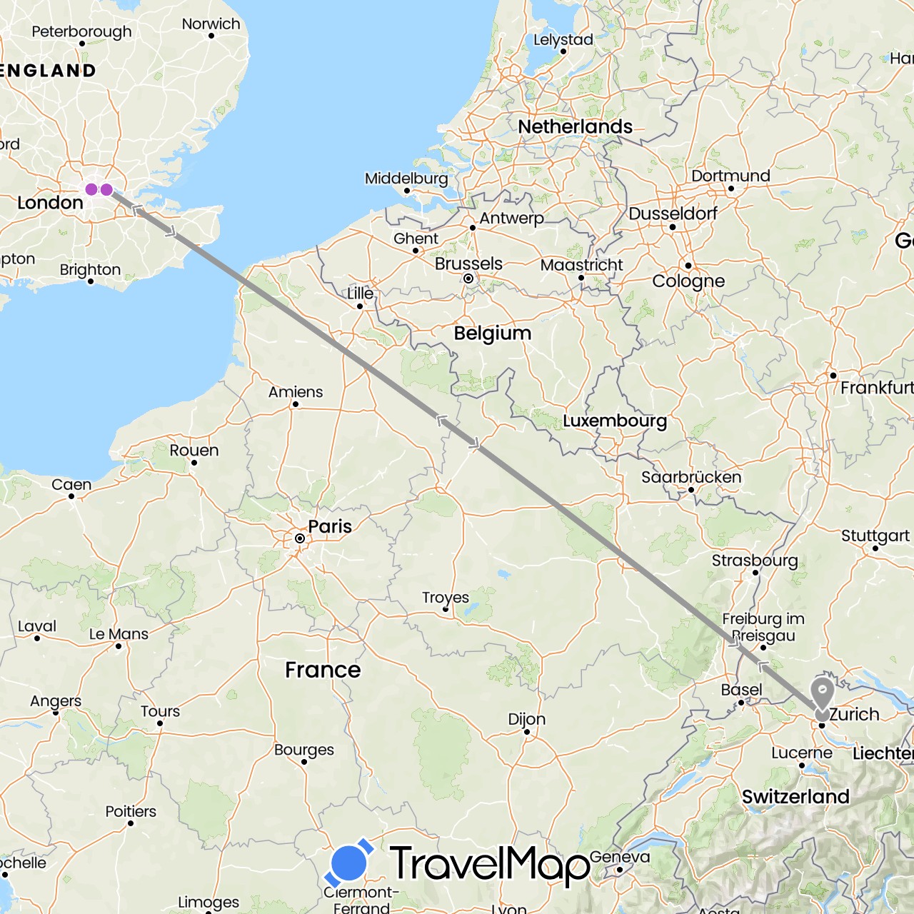 TravelMap itinerary: driving, plane, train in Switzerland, United Kingdom (Europe)