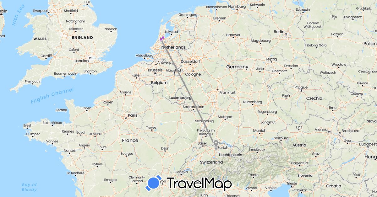 TravelMap itinerary: plane, train in Switzerland, Netherlands (Europe)