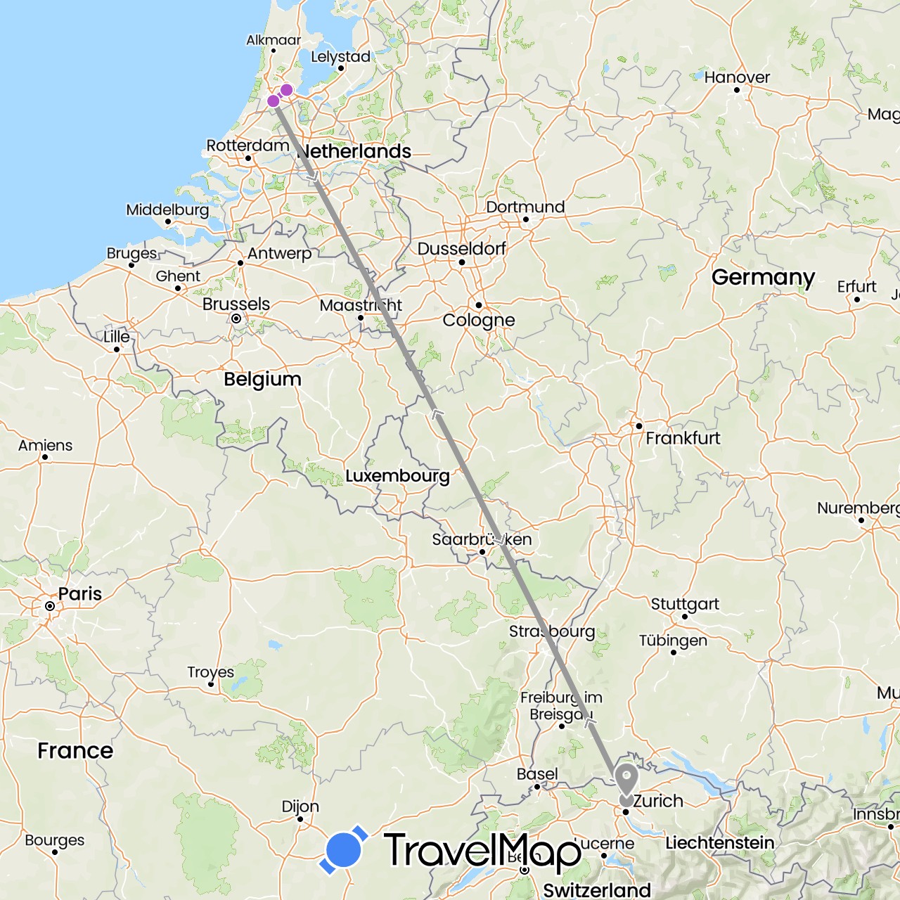 TravelMap itinerary: plane, train in Switzerland, Netherlands (Europe)