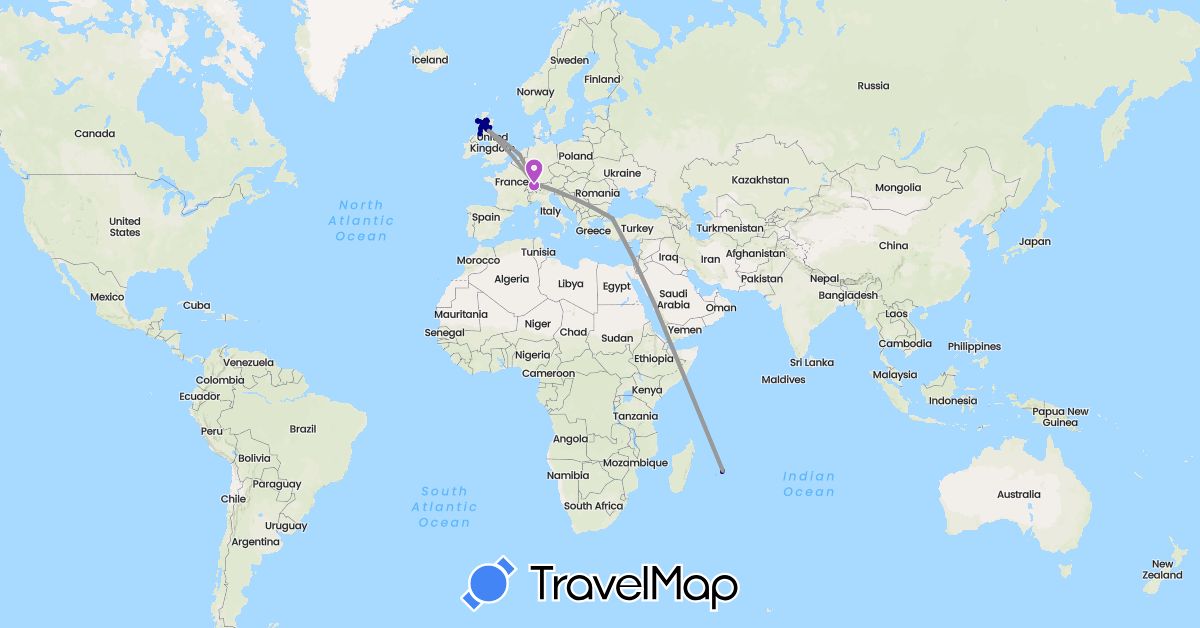 TravelMap itinerary: driving, plane, train, hiking in Switzerland, United Kingdom, Mauritius, Netherlands, Turkey (Africa, Asia, Europe)