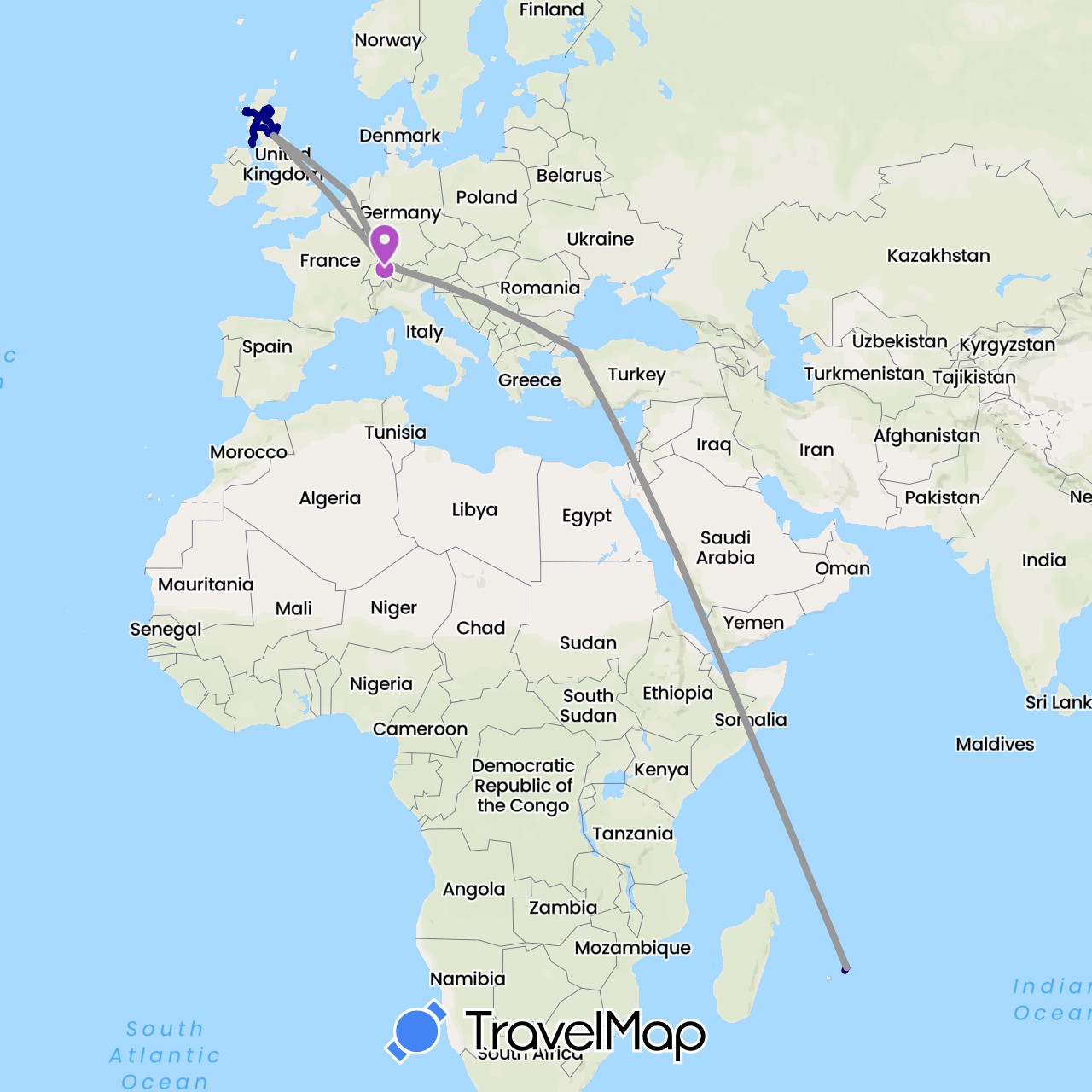 TravelMap itinerary: driving, plane, train, hiking in Switzerland, United Kingdom, Mauritius, Netherlands, Turkey (Africa, Asia, Europe)
