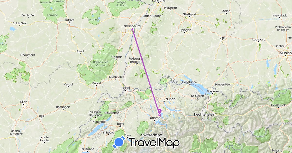 TravelMap itinerary: driving, train in Switzerland, France (Europe)
