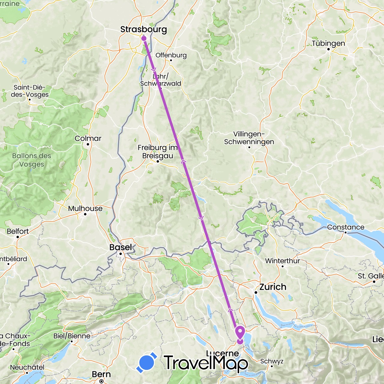 TravelMap itinerary: driving, train in Switzerland, France (Europe)