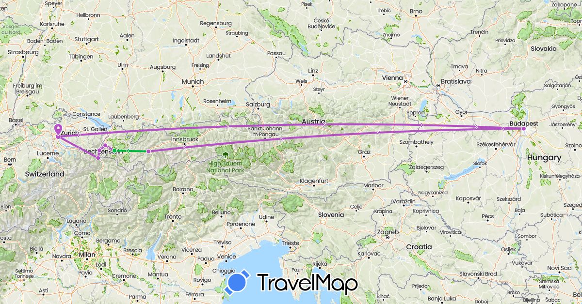 TravelMap itinerary: driving, bus, train in Austria, Switzerland, Hungary (Europe)