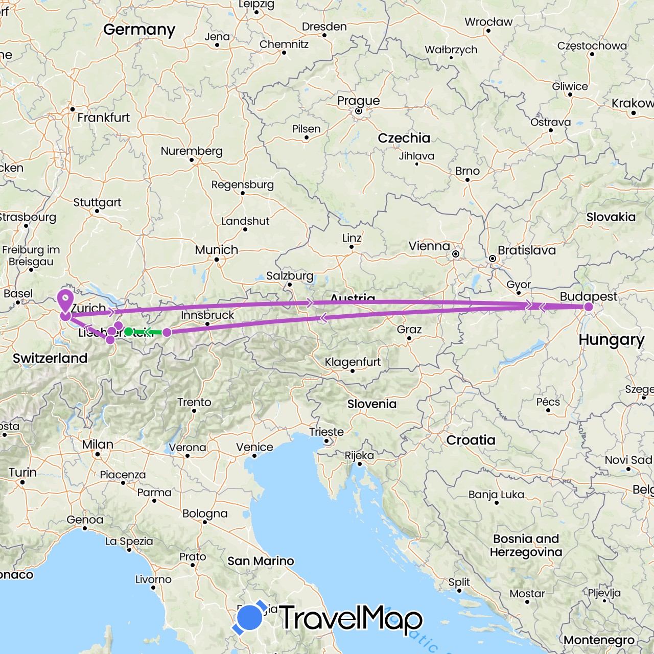 TravelMap itinerary: driving, bus, train in Austria, Switzerland, Hungary (Europe)