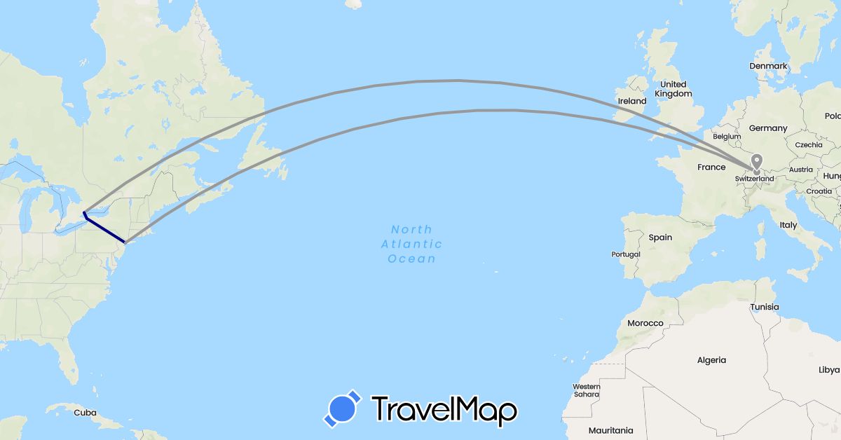 TravelMap itinerary: driving, plane in Canada, Switzerland, United States (Europe, North America)