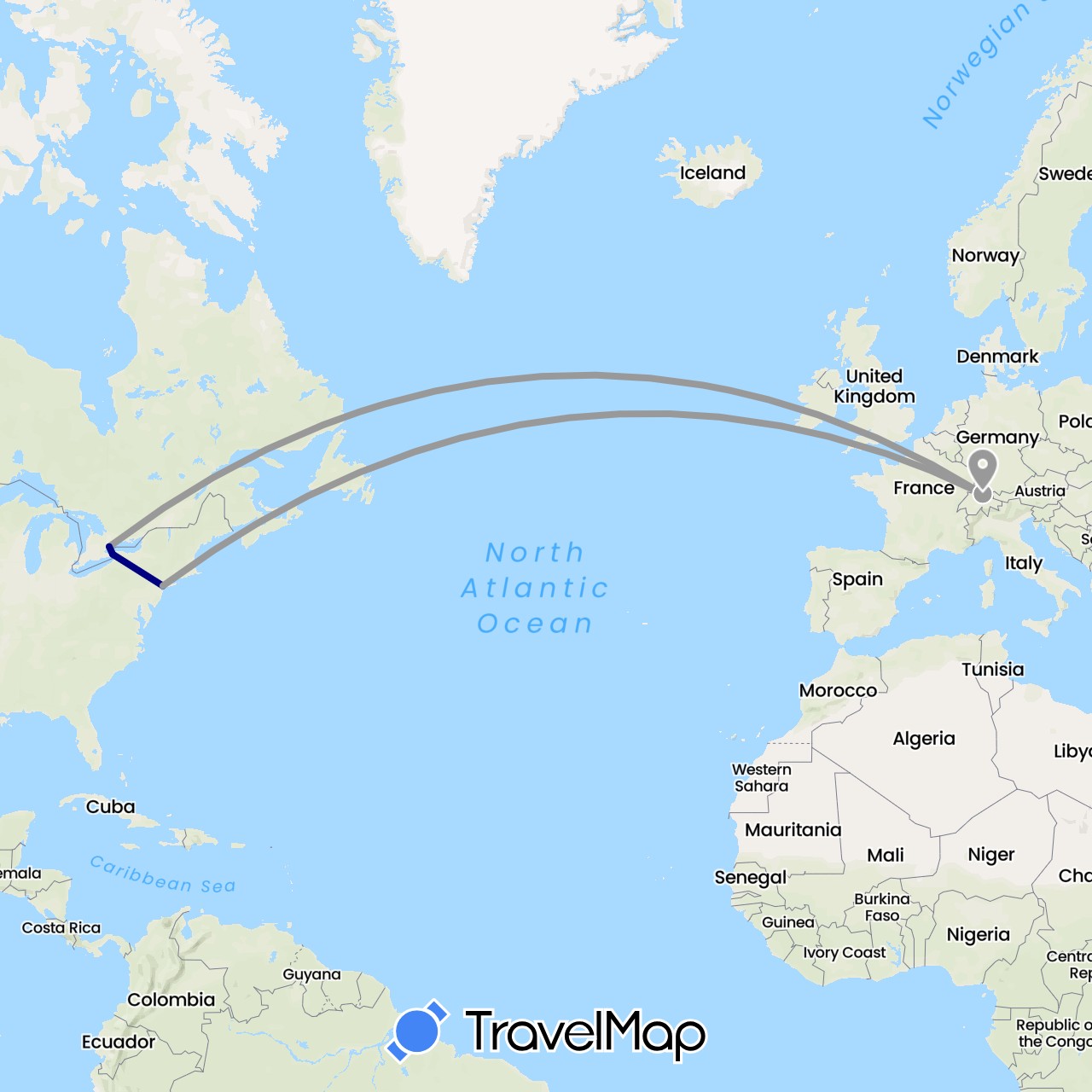 TravelMap itinerary: driving, plane in Canada, Switzerland, United States (Europe, North America)